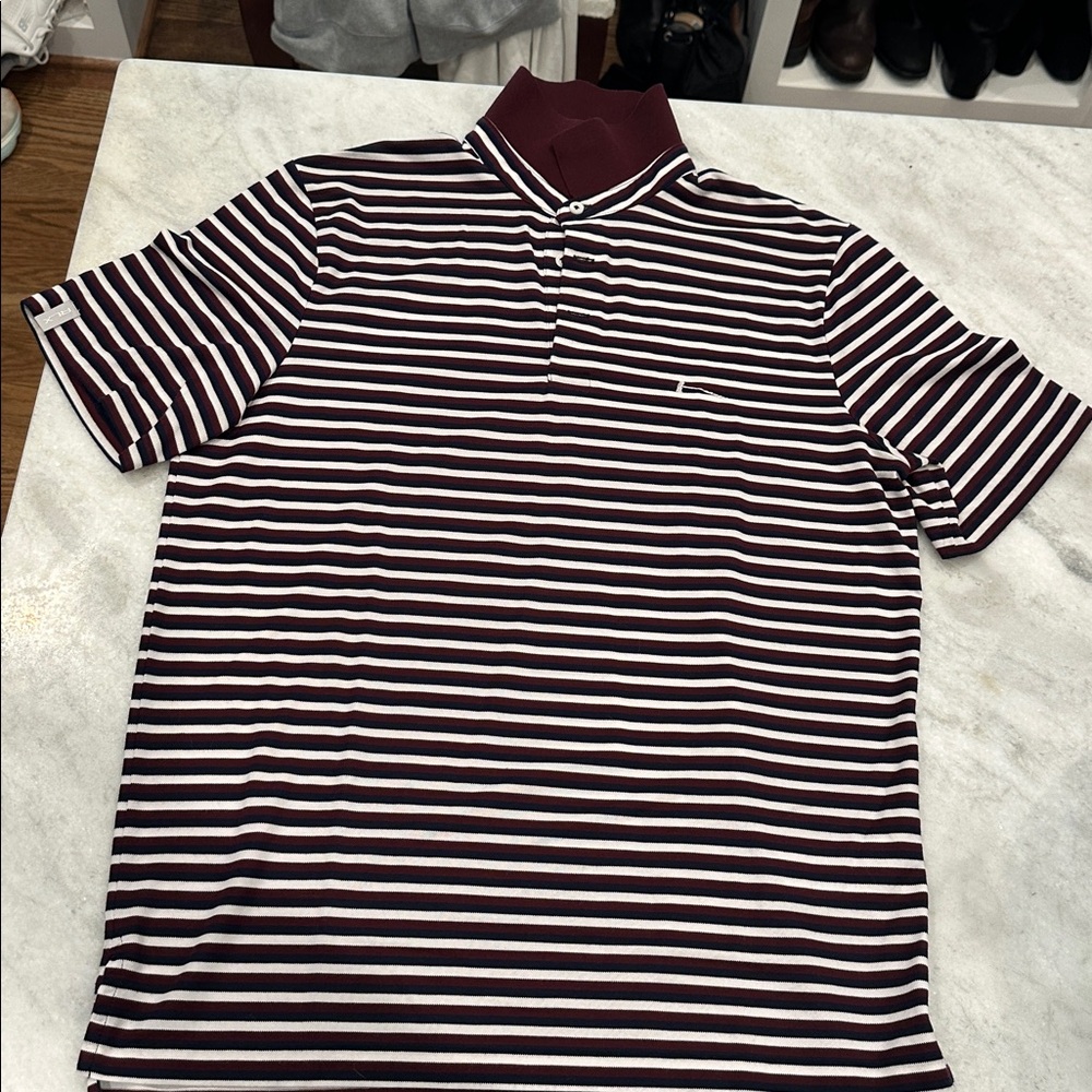Men’s Ralph Lauren RLX Maroon, navy and White Striped golf polo. Size M